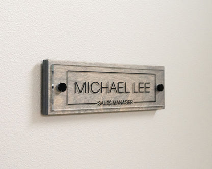 Sign Type: Acrylic Plate + Wood Backing, Wood Color: Gray, Acrylic Type: Clear, Standoffs Color: Black, Design: Frame 1,Font: 2